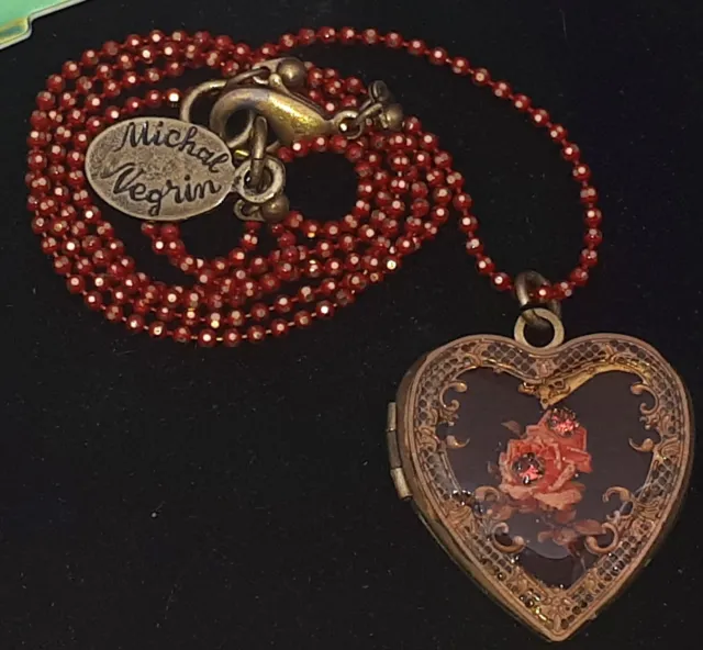 Michal Negrin Necklace Heart Locket Pendant Red Rose Victorian Style Cameo