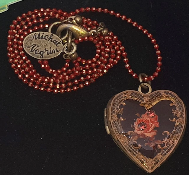 Michal Negrin Necklace Heart Locket Pendant Red Rose Victorian Style Cameo