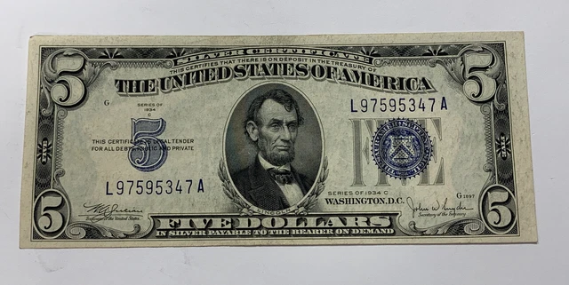Series 1934 C $5 Five Dollar SILVER CERTIFICATE Brilliant Uncirculated. #1703