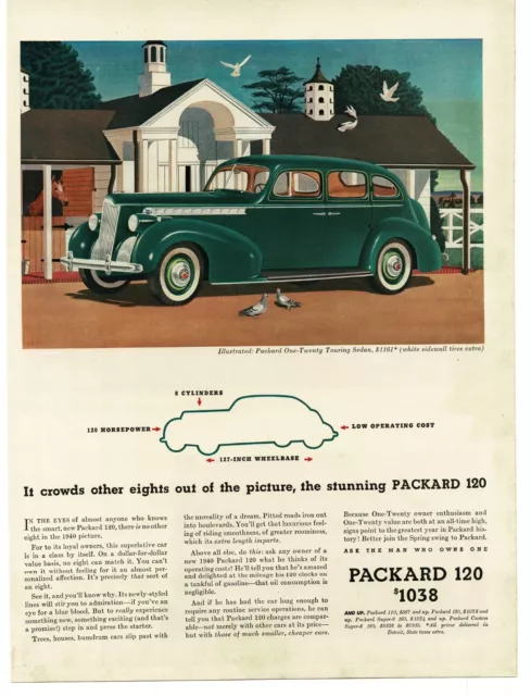 1940 Packard 120 Green Touring Sedan artist rendering Vintage Print Ad horses