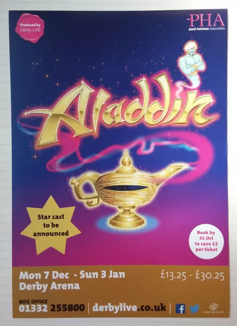 ALADDIN THEATRE FLYER 2015/16 UK Pantomime Christmas Xmas Stage Show Derby Arena