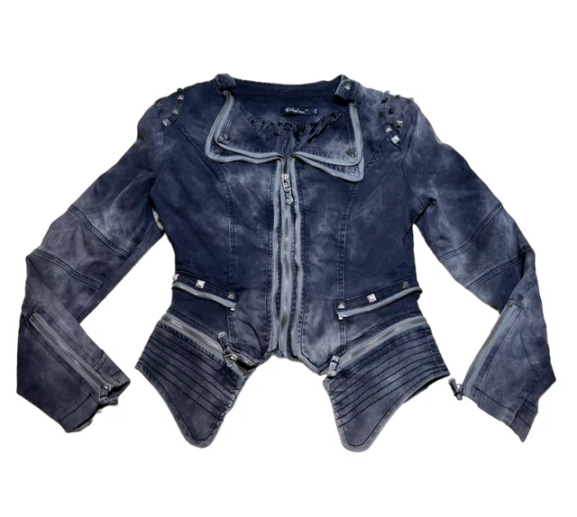 Echo Love Womens Moto Jacket L Gray Stone Washed Full Zip Stretch Denim Studded