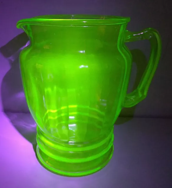 Vintage Uranium Glass Green Depression etched Large Water heavy Pitcher