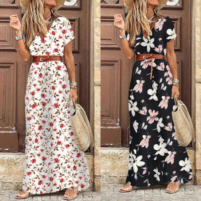Women's Floral Summer Boho Maxi Dress Ladies V Neck Holiday Beach Sundress US