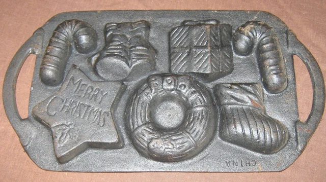 Vintage Cast Iron Christmas Cookie Mold w/ Handles Candy Cane Star Stocking Ange
