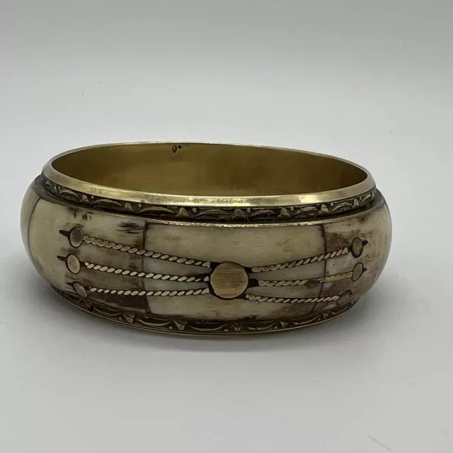 Bone Brass Bangle Bracelet Inlaid Inlay Vintage India Nice Patina