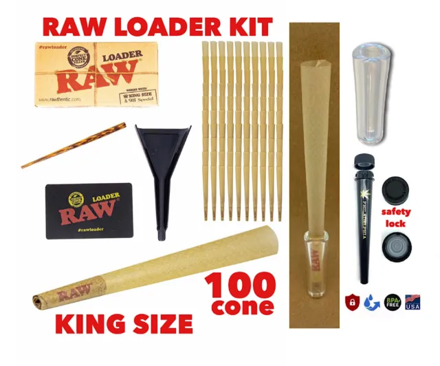 RAW Classic King Size Cones(100 pk)+raw cone loader+GLASS TIP +PHILADELPHIA TU