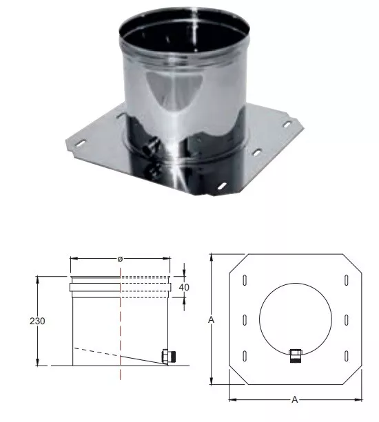 PIASTRA DI BASE CON SCOLO CONDENSA acciaio inox canna fumaria monoparete