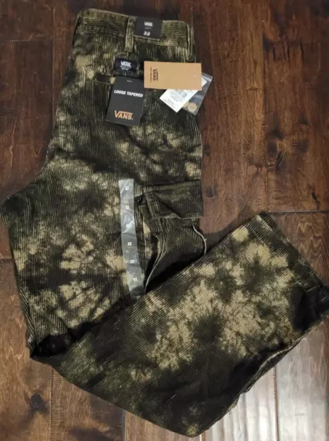 $80 VANS Cord Loose Tapered Corduroy Cargo Pants Tie Dye Camo Green Mens Size 32