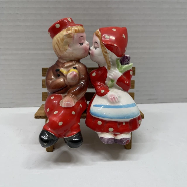 VINTAGE DUTCH BOY & Girl Kissing on Wooden Bench Salt & Pepper Shakers ...