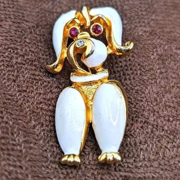 Vintage 60s Stylized Poodle Dog Brooch Gold with White Enamel and Red Stone Eyes