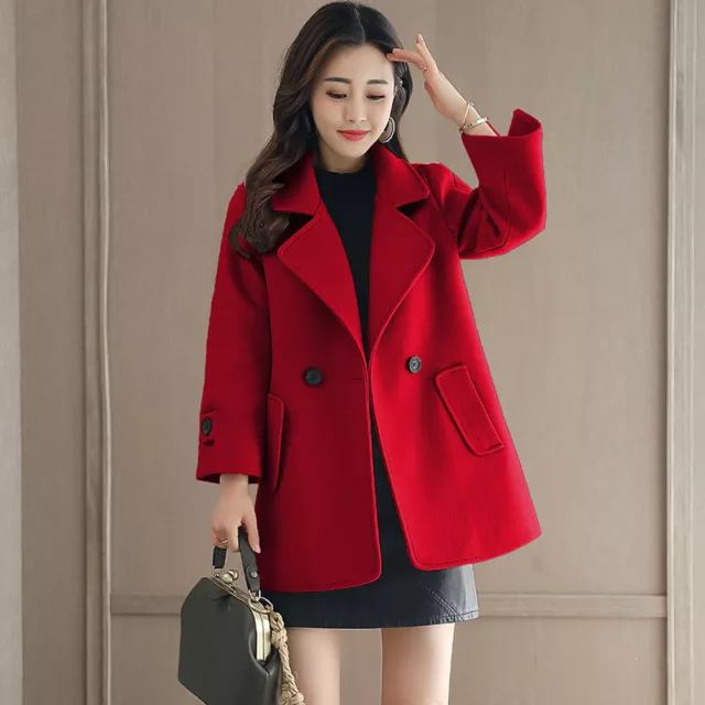 Womens Korean Fashion Wool Blend Lapel Collar Short Trench Outwear Loose Coat