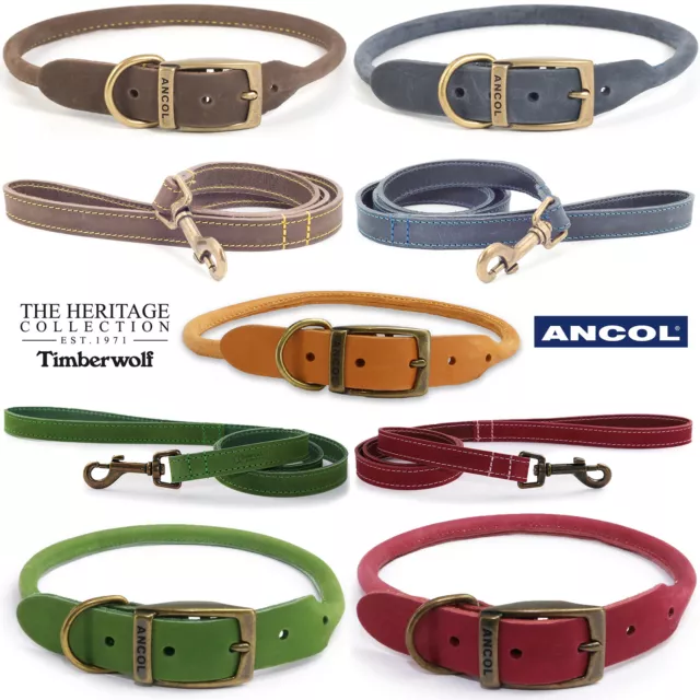 Ancol Dog Collar Leather Timberwolf Round Collar or separate Matching Lead