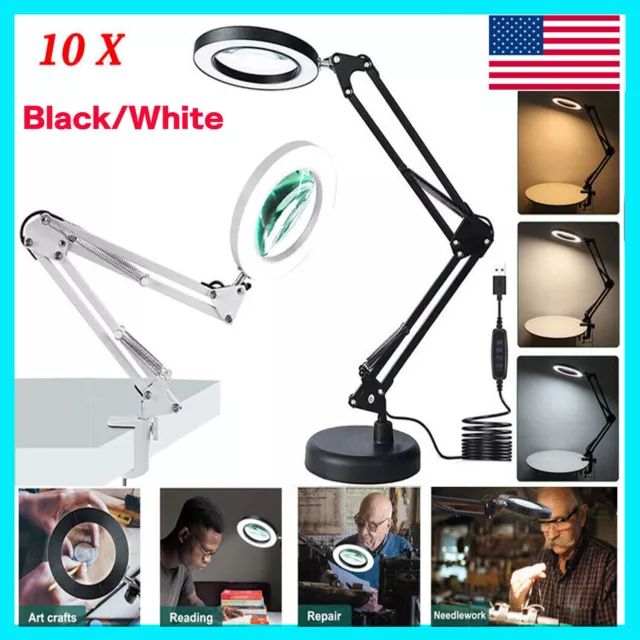 10X Magnifying Glass Desk Light Magnifier LED Lamp Reading Lamp With Base& Clamp