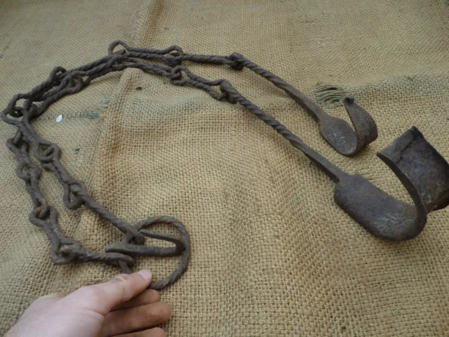 Huge Antique Chimney Chain Hearth Fireplace Cooking Trammel Hook Twisted Iron