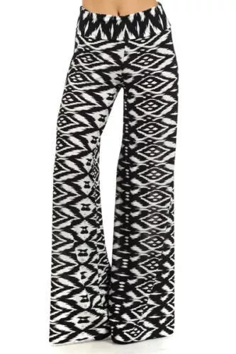 Palazzo Pant Wide Leg Black and White Tribal Print Silky Yoga Pants Size Small