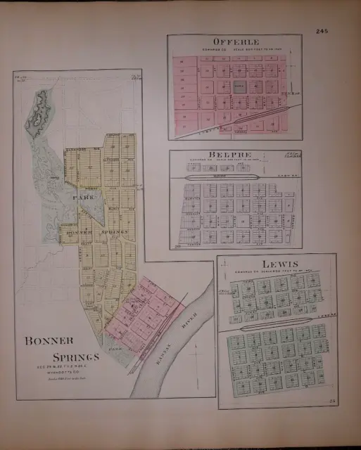 1887 Plat Map BONNER SPRINGS, BELPRE Twp., KANSAS / EDWARDS Co. on Reverse #245