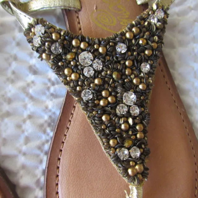 Rhinestones Beaded 7.5 Sandals Gold Black New Naughty Monkey Flats Leather