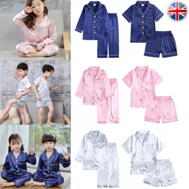 Boy Girl Silk Satin Pyjamas PJS Set Kids Long / Short Sleeve Sleepwear Nightwear