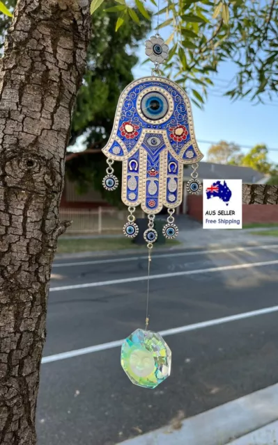 Blue Evil Eye Hamsa Hand 50MM SUN AB Coating Crystal Suncatcher Rainbow Maker