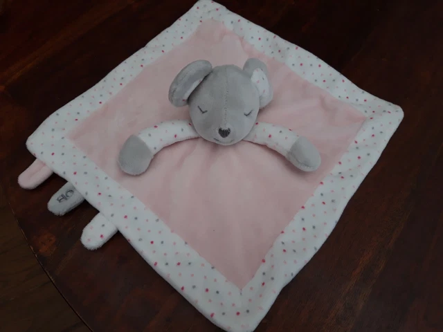 DOUDOU PLAT SOURIS OBAIBI OKAIDI GRIS/ROSE/BLANC POIS Etiquette coupée tbe
