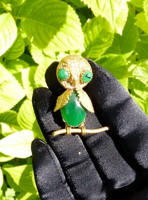 Broche Ancienne Chouette En Métal Doré Avec Strass - Probablement CARVEN - Occasion Bon État