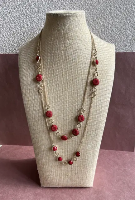 Gold Tone 2 Strand Necklace Red Faceted Framed Beads And Druzy Like Gems 25"