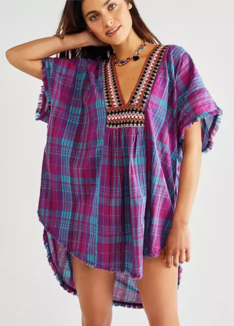 Free People Marie Hooded Madras Plaid Crochet Trimmed Poncho Tunic Top NWOT L