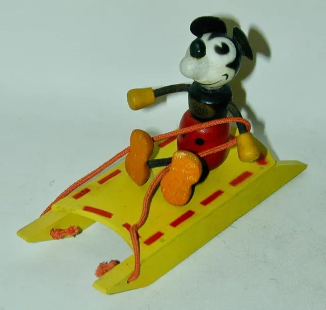 Mickey Mouse On Snow Sled Fun-e-Flex Wood Figure & Toy 1930s Walt E. Disney HTF!