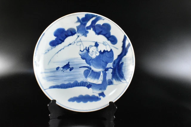 M2287: Japanese Old Imari-ware Blue&White Ebisu BIG ORNAMENTAL PLATE/Dish