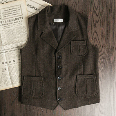 Mens Formal Lapel Waistcoat Vest Tops Retro Wool Tweed Herringbone Gilet Suits