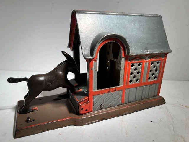 Antique Cast Iron  Mechanical Bank MULE ENTERS BARN by J & E Stevens c.8/3/ 1880
