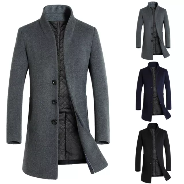 Mens Winter Warm Woolen Trench Coat Double Breasted Overcoat Long Jacket Outwear