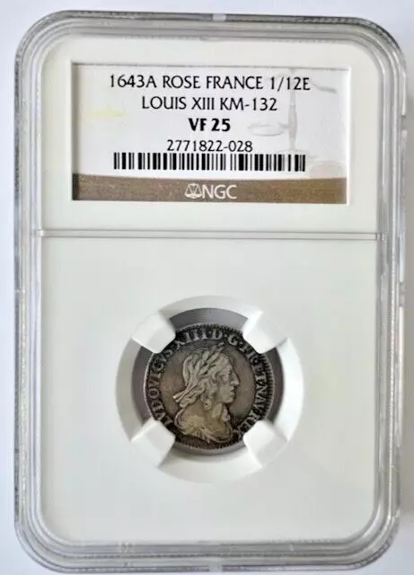 1643-A ~ Rose France ~ Louis Xiii 1/12 Ecu ~ Km-132 ~ Ngc Very Fine 25 ~ $268.88