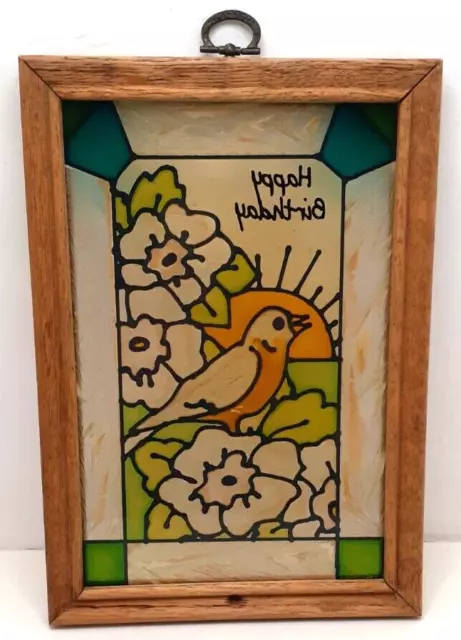 Stained Glass Window Panel Wooden Frame 10x7 Bird Flowers Happy Birthday Vintage 2