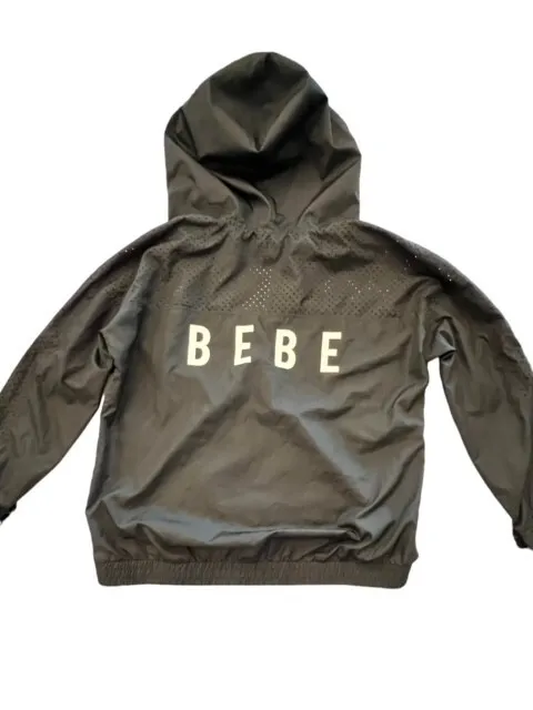 bebe SPORT Full Zip Windbreaker Jacket Size 1X Black White Hoodie Lightweight