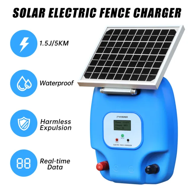 Solar Powered Fence Charger LCD Display Electric Fence Energizer for Livestock