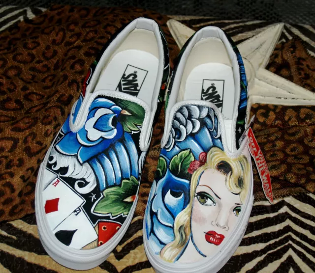 Custom TATTOO hand painted Women’s Any Size VANS Alice Wonderland roses design