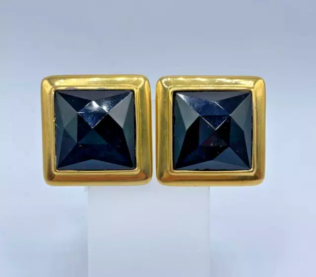Rare! Big VTG Signed Ben Armun Black faceted glass Gold tone modernist earrings