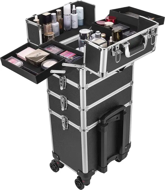 4 in 1 Makeup Rolling Train Case Aluminum Trolley Professional Cosmetic Organize