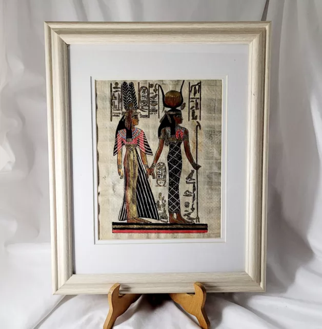 Egyptian Papyrus wood Framed Painting Of Goddess Isis And Queen Nefertiti