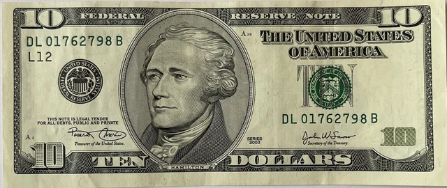 2003 $10 Ten Dollar Bill, Diferentes Errors, Series DL 01762798 B