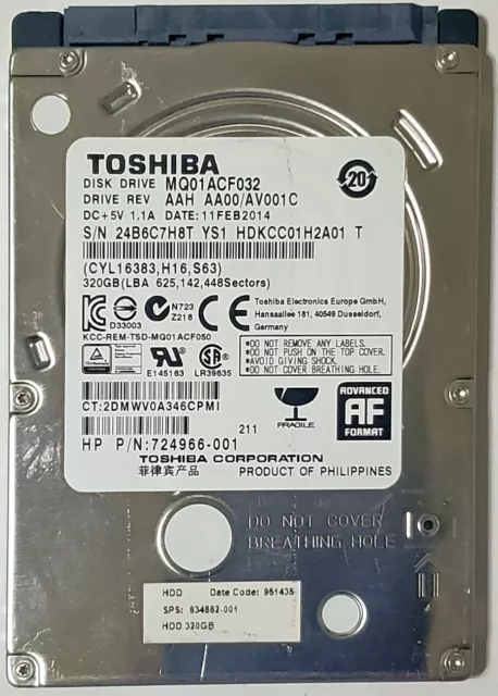 Toshiba MQ01ACF032 Laptop 320GB Hard Drive HDD 2.5" SATA, Ships Fast! LM