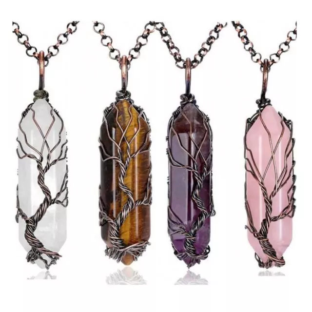 Natural Healing Crystal Point Necklace Tree of Life Wire Wrapped Stone Pendants