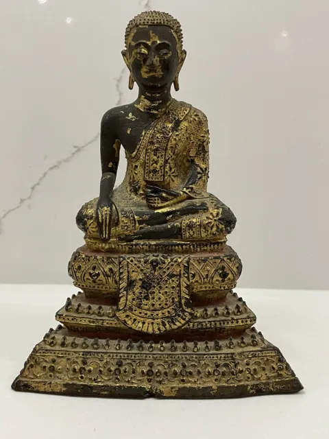 Antique Thai bronze Monk statue from Thailand W/24Kt Gold Gilding 6.5”