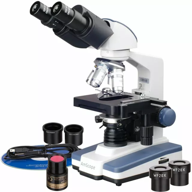 Amscope 40X-2000X Binocular LED Compound Microscope+ 5MP  Camera Siedentopf Head