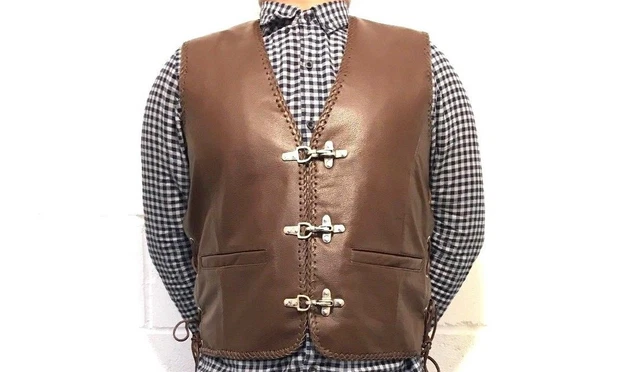 Nuovo da Uomo Gilet IN Pelle / Biker Intrecciato Pesce Gancio Fibbia - Lati