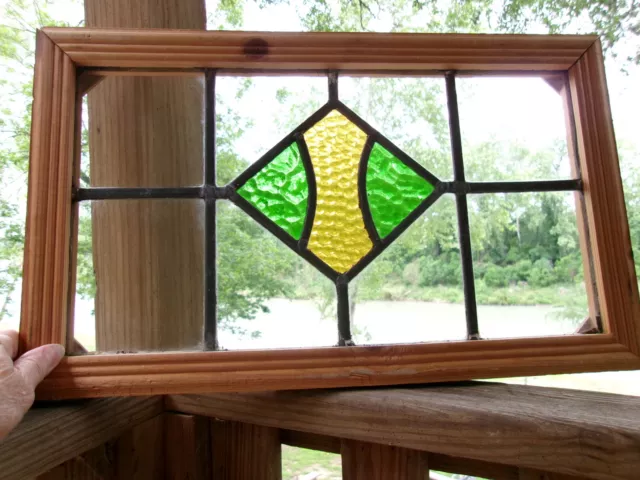 Old English Leaded Stained Glass Window Green Gold Diamond 12.5" T X  20.5" W