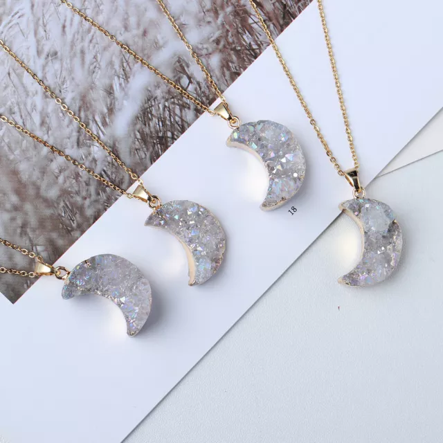 Crescent Moon Necklace Natural Crystal Quartz Druzy Pendant Reiki Healing Gift