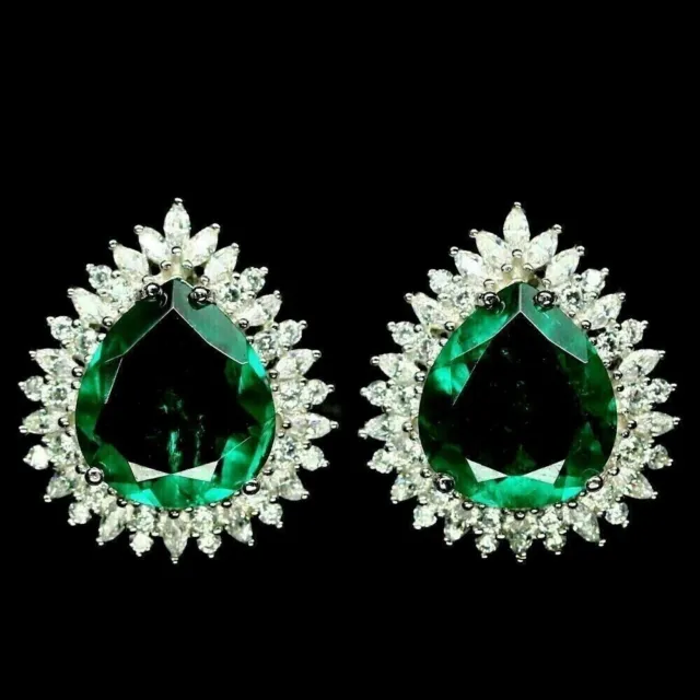 3.0Ct Pear Lab Created Green Emerald Halo Wedding Earring 14K White Gold Plated.